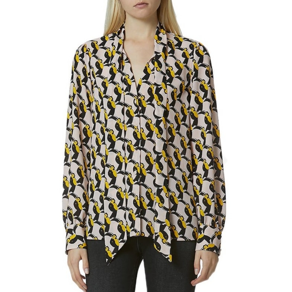 Avec Les Filles Toucan Print Pink Yellow Bow Tie Neck Long Sleeve Blouse Medium